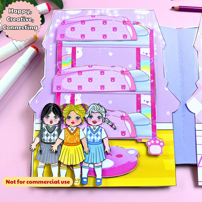 Education Activity Book | Pink Bear House Paper Dolls Activities & Busy Book for Kids | Paper Doll House | Montessori Toys, Gifts for Girls, DIY crafts
