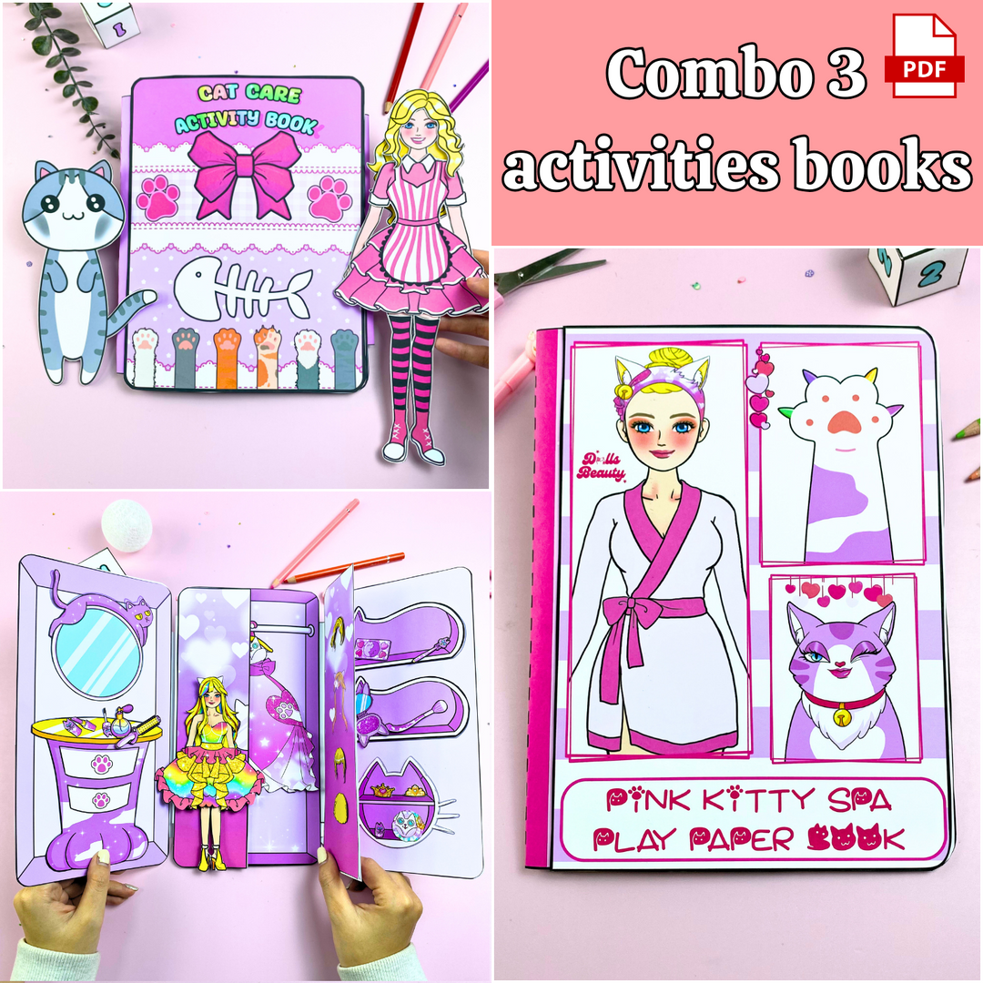 Education Activity Book | Pink Cat Barbie Doll House Activity Book, Fun Paper Toy for kid, Unique Birthday Gifts, Family connection, Limit screen time, Boost creativity