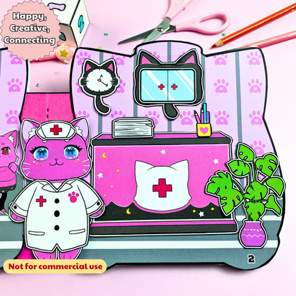 Education Activity Book | Black Pink Cat Hospital Dollhouse -Safe Paper Toy for kid, Unique Birthday Gifts, Family connection, Limit screen time, Boost creativity