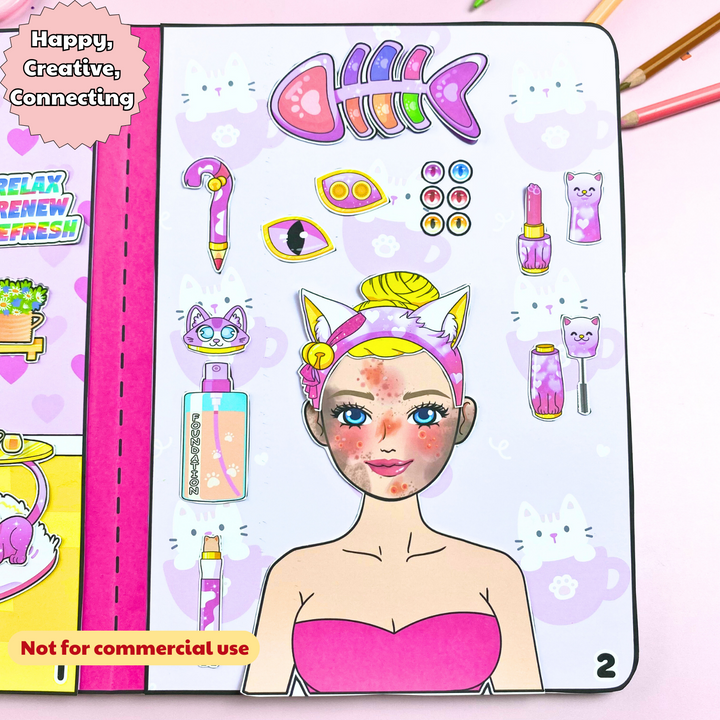 Education Activity Book | Pink Cat Spa Barbie Play Book, Safe Paper Toy for kid, Unique Birthday Gifts, Family connection, Limit screen time, Boost creativity