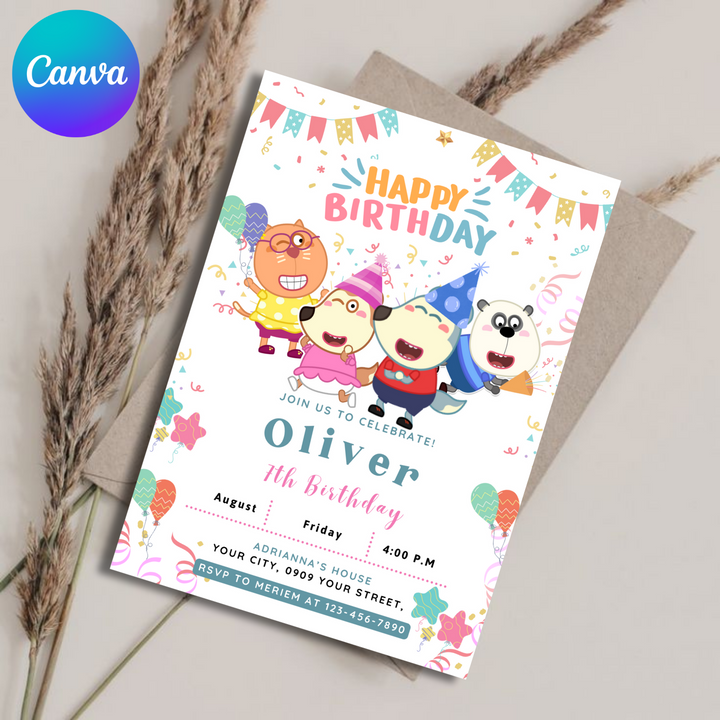 Wolfoo Invitation, Wolfoo Birthday Invitation, Wolfoo Pig Kids Invite, Kids Birthday Invitation, Editable Template, Editable Canva