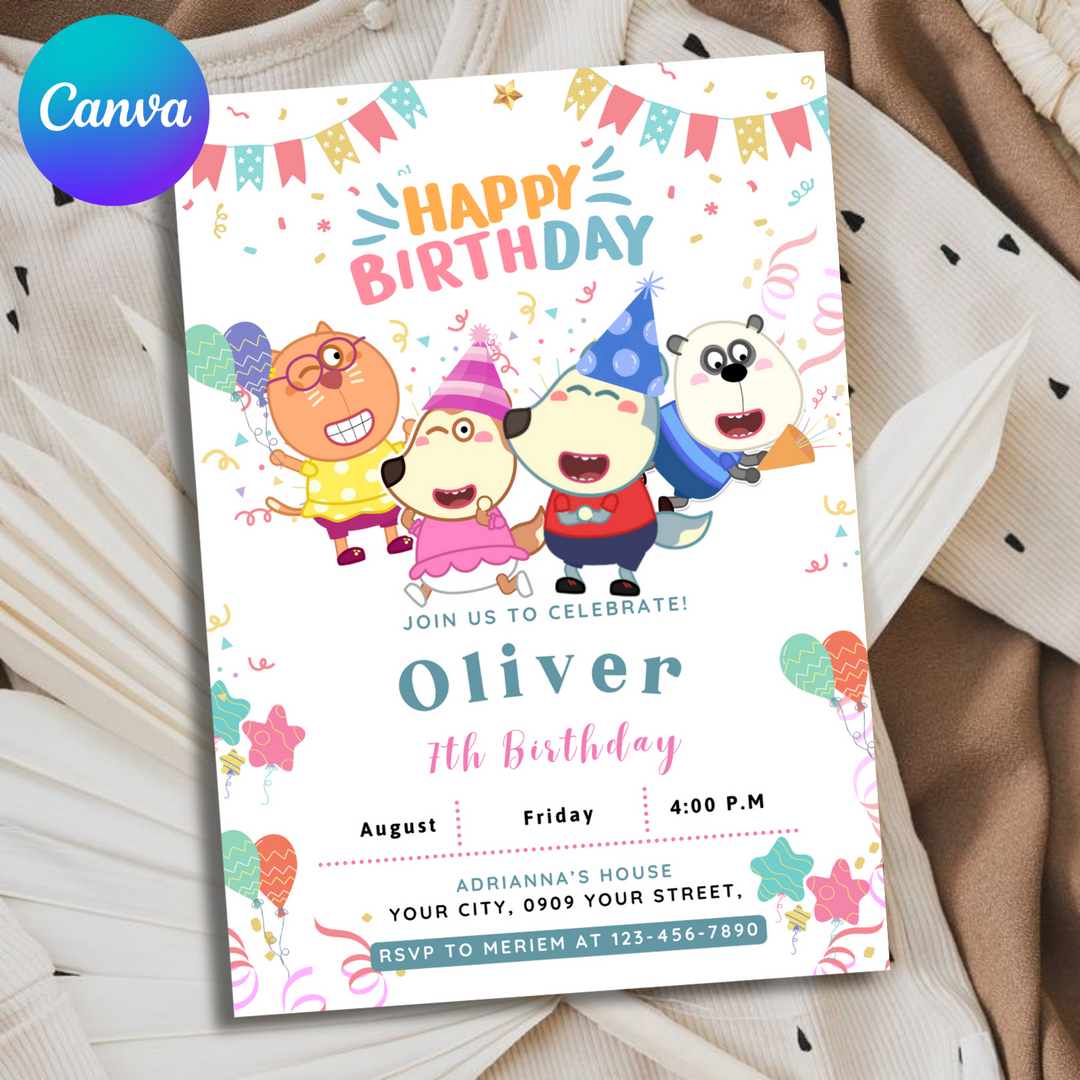 Wolfoo Invitation, Wolfoo Birthday Invitation, Wolfoo Pig Kids Invite, Kids Birthday Invitation, Editable Template, Editable Canva