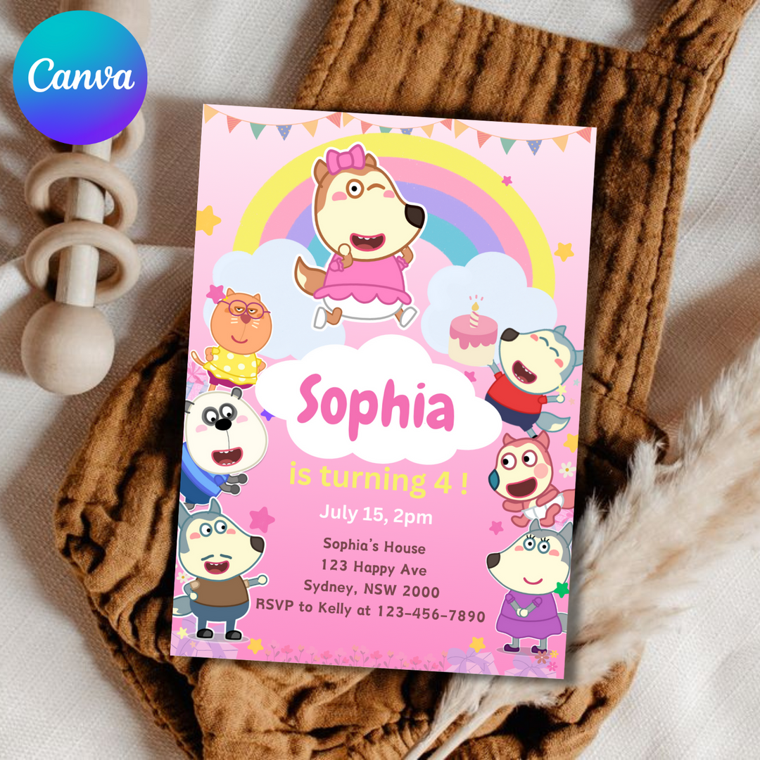 Wolfoo Invitation, Wolfoo Birthday Invitation, Wolfoo Pig Kids Invite, Kids Birthday Invitation, Editable Template, Editable Canva