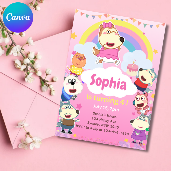 Wolfoo Invitation, Wolfoo Birthday Invitation, Wolfoo Pig Kids Invite, Kids Birthday Invitation, Editable Template, Editable Canva