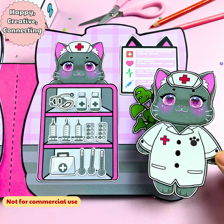 Education Activity Book | Black Pink Cat Hospital Dollhouse -Safe Paper Toy for kid, Unique Birthday Gifts, Family connection, Limit screen time, Boost creativity