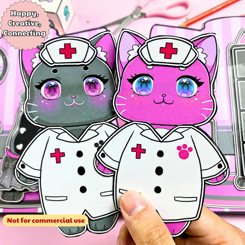 Education Activity Book | Black Pink Cat Hospital Dollhouse -Safe Paper Toy for kid, Unique Birthday Gifts, Family connection, Limit screen time, Boost creativity