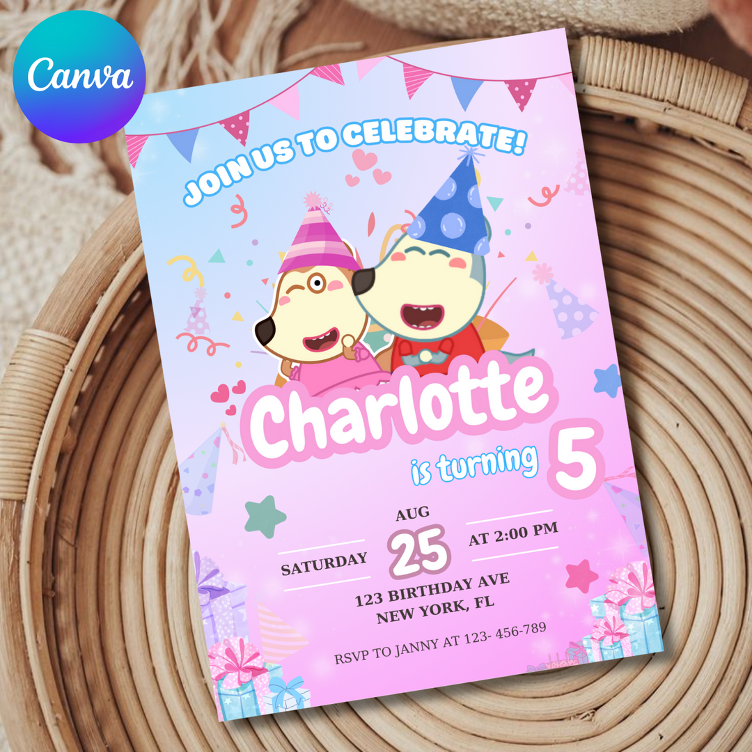 Wolfoo Invitation, Wolfoo Birthday Invitation, Wolfoo Pig Kids Invite, Kids Birthday Invitation, Editable Template, Editable Canva