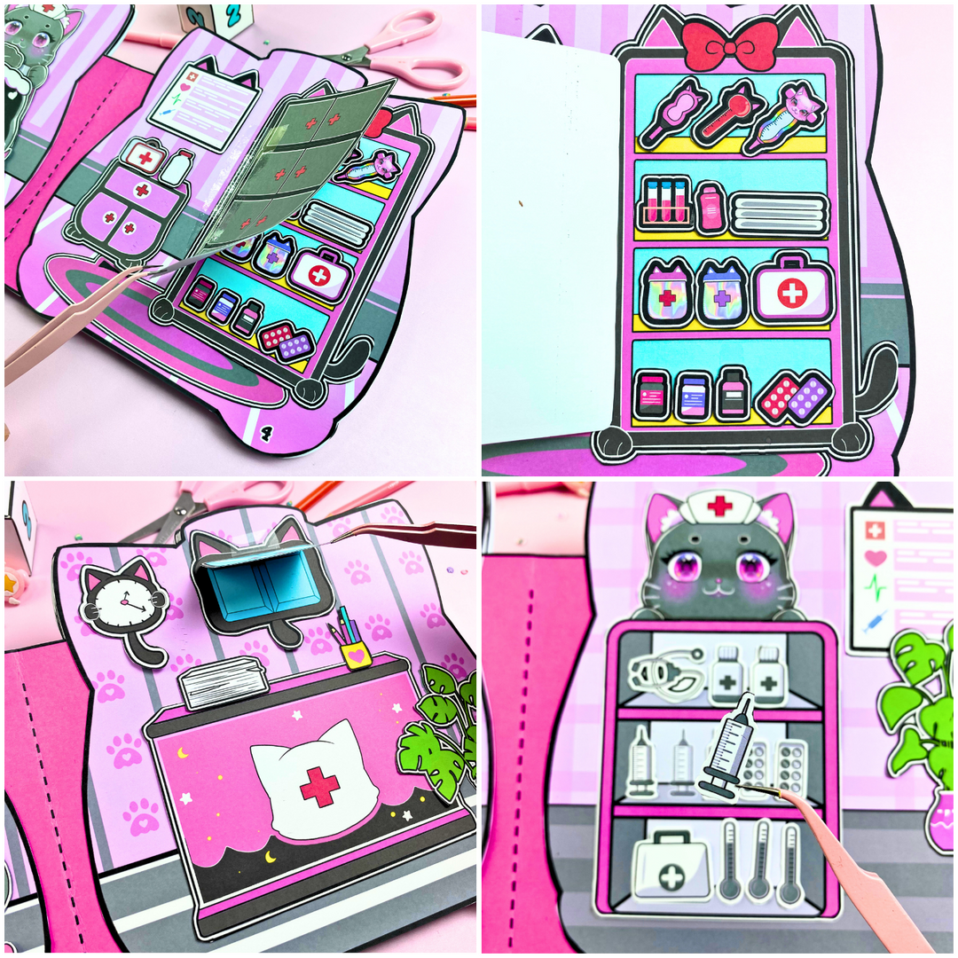 Education Activity Book | Black Pink Cat Hospital Dollhouse -Safe Paper Toy for kid, Unique Birthday Gifts, Family connection, Limit screen time, Boost creativity