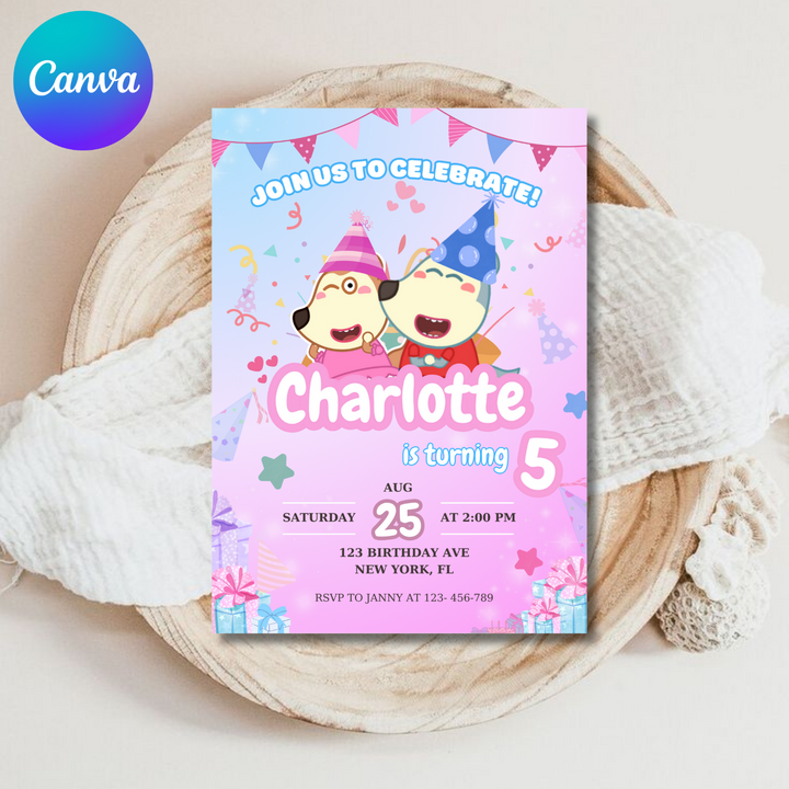 Wolfoo Invitation, Wolfoo Birthday Invitation, Wolfoo Pig Kids Invite, Kids Birthday Invitation, Editable Template, Editable Canva