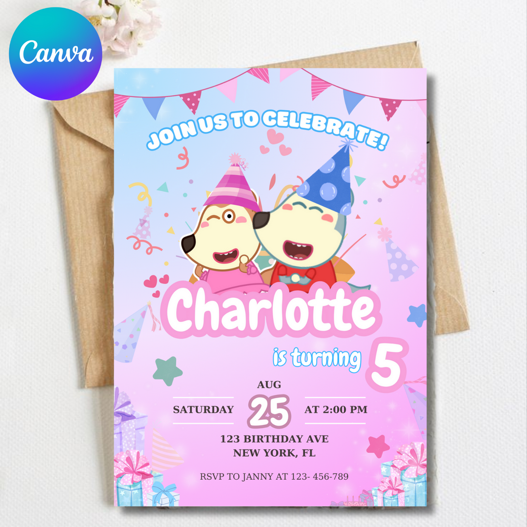 Wolfoo Invitation, Wolfoo Birthday Invitation, Wolfoo Pig Kids Invite, Kids Birthday Invitation, Editable Template, Editable Canva