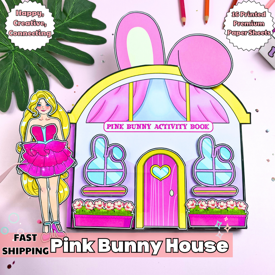 Education Activity Book | Pink Bunny Paper DollHouse, Paper dollhouse play set | DIY gift for kids | Paper doll | Handmade Story Book