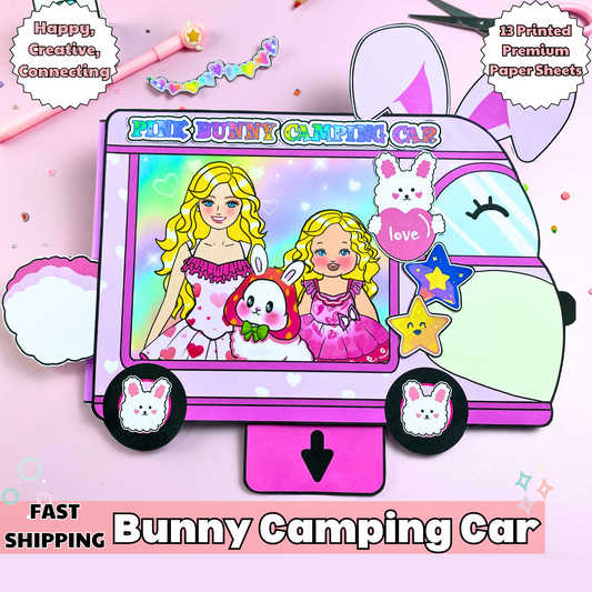 Education Activity Book | Pink Bunny Camping Truck - Fun Paper Toy for kid, Unique Easter Gifts, Family connection, Limit screen time, Boost creativity
