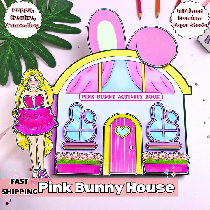 Education Activity Book | Pink Bunny Paper DollHouse, Paper dollhouse play set | DIY gift for kids | Paper doll | Handmade Story Book