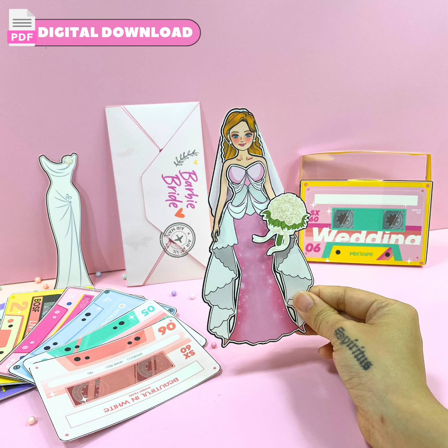 Retro Wedding Paper Doll Printable 🌈 Wedding Cassette Tape Box - Postcard with editable text - DIY printable PDF 🌈 Woa Doll Crafts