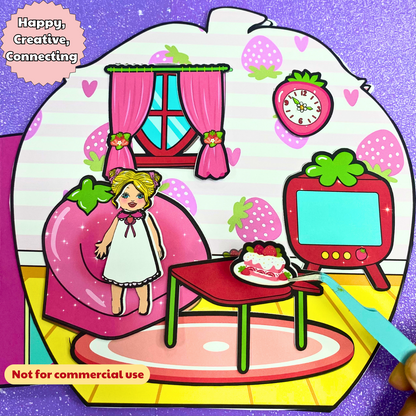 Education Activity Book | Strawberry Paper Dolls House for Kids, Dollhouse Printable, DIY Busy Book for Toddler, Holiday Gift for Kids