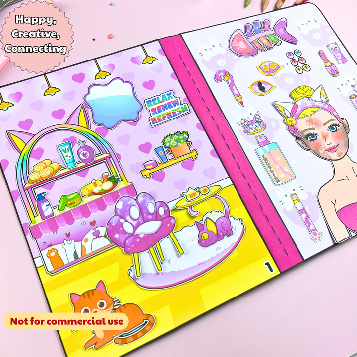 Education Activity Book | Pink Cat Spa Barbie Play Book, Safe Paper Toy for kid, Unique Birthday Gifts, Family connection, Limit screen time, Boost creativity