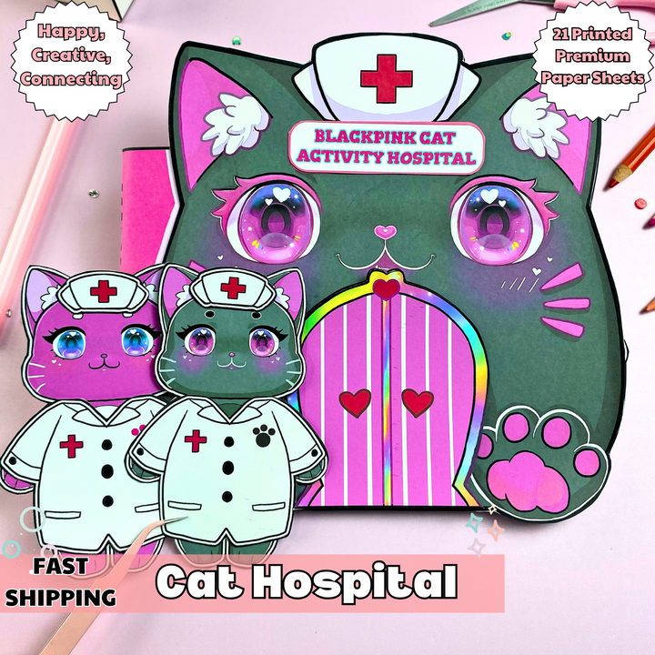 Education Activity Book | Black Pink Cat Hospital Dollhouse -Safe Paper Toy for kid, Unique Birthday Gifts, Family connection, Limit screen time, Boost creativity