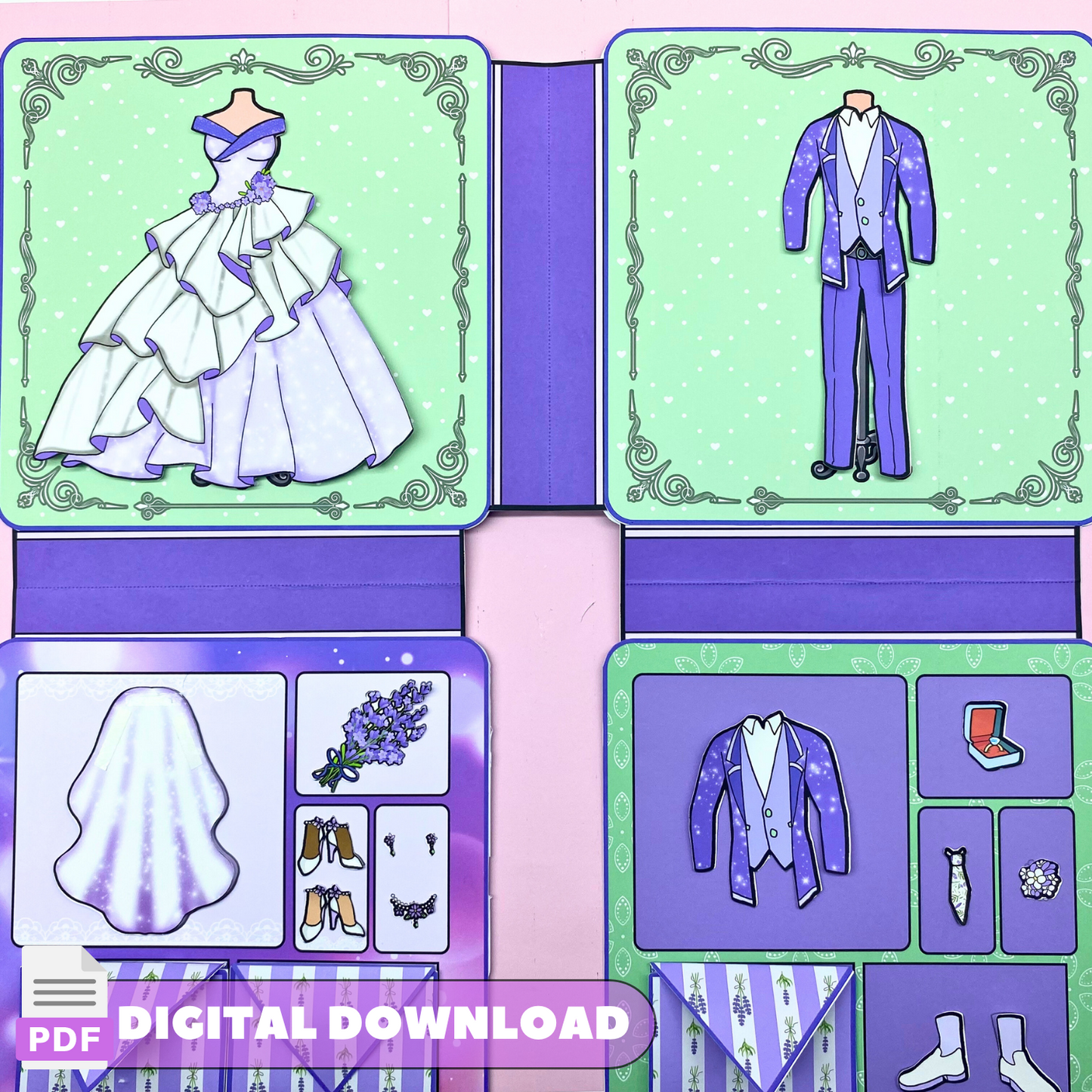 Lavender Wedding Book Printable 🌈 Paper Dolls & Wedding dresses Activities for Kids DIY | Kids Activity Kits for Wedding | DIY Wedding Pages | Busy Book | PDF 🌈 Woa Doll Crafts