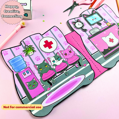 Education Activity Book | Black Pink Cat Hospital Dollhouse -Safe Paper Toy for kid, Unique Birthday Gifts, Family connection, Limit screen time, Boost creativity