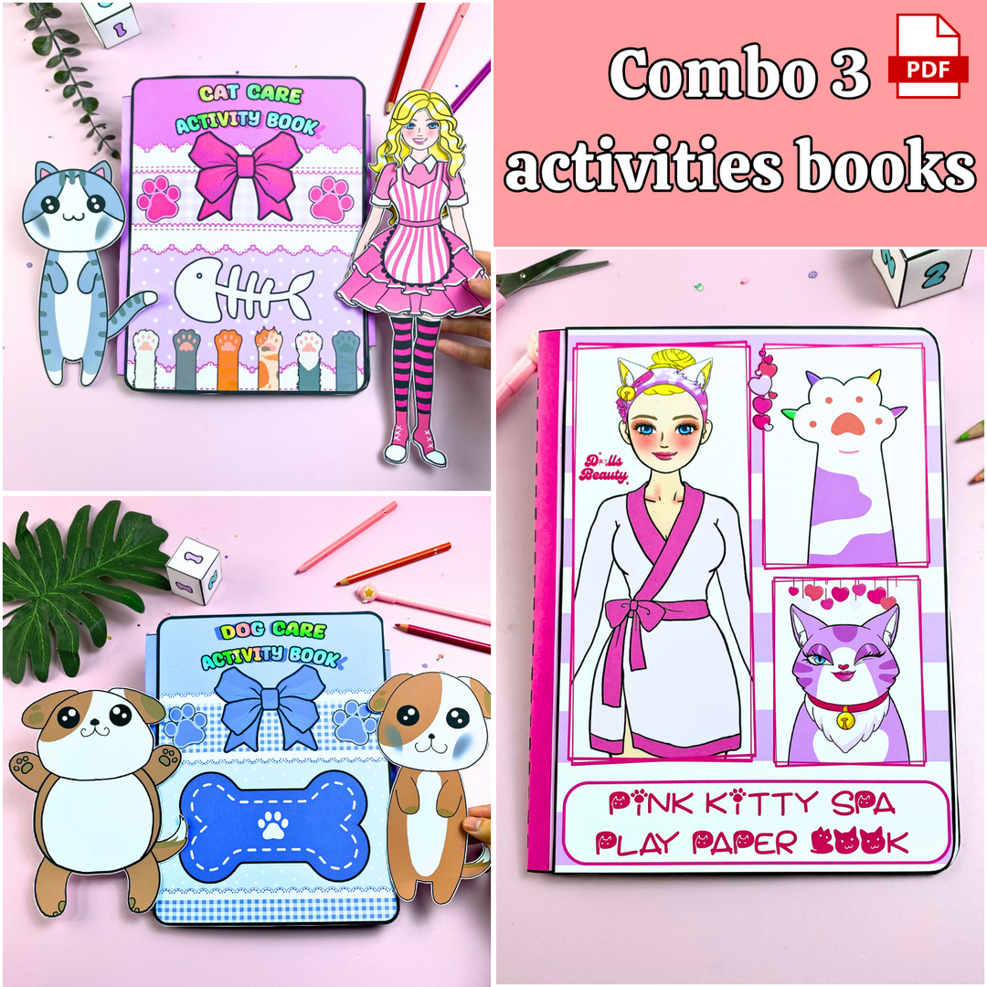 Education Activity Book | Pink Cat Spa Barbie Play Book, Safe Paper Toy for kid, Unique Birthday Gifts, Family connection, Limit screen time, Boost creativity