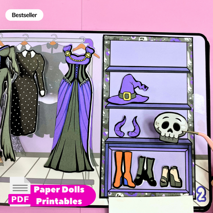 Creepy Wednesday handmade wardrobe printable | Unique DIY Halloween dress collection printable | Printable Gothic Dollhouse Busy book 🌈 Woa Doll Crafts