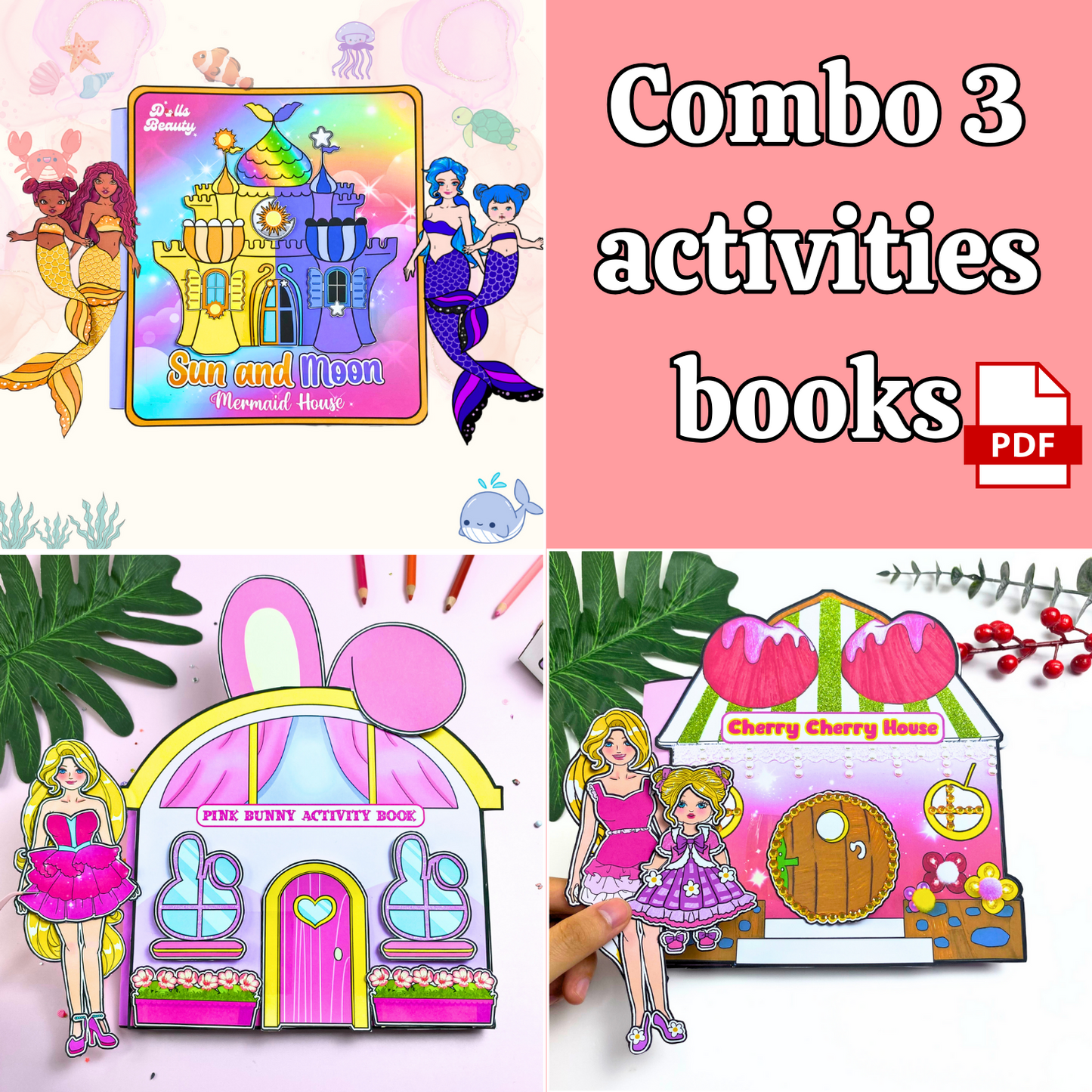 Education Activity Book | Sun and Moon Mermaid House Activity Book, Paper Doll House,Safe Paper Toy for Kids, Birthday Gift for Girls
