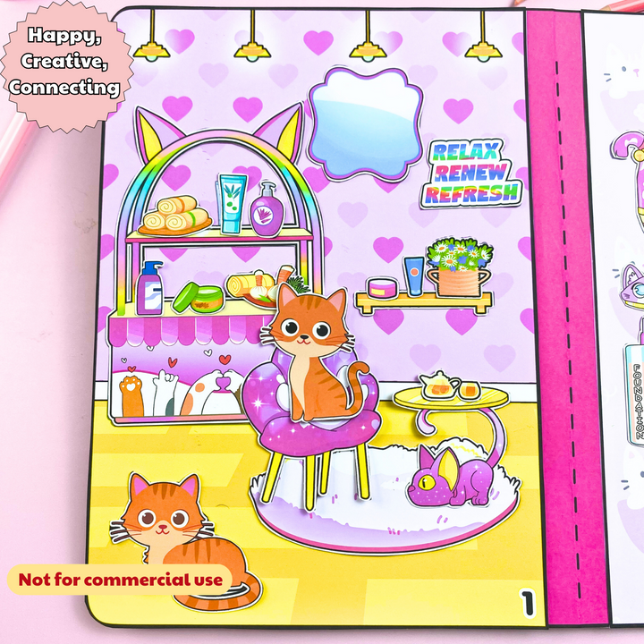 Education Activity Book | Pink Cat Spa Barbie Play Book, Safe Paper Toy for kid, Unique Birthday Gifts, Family connection, Limit screen time, Boost creativity