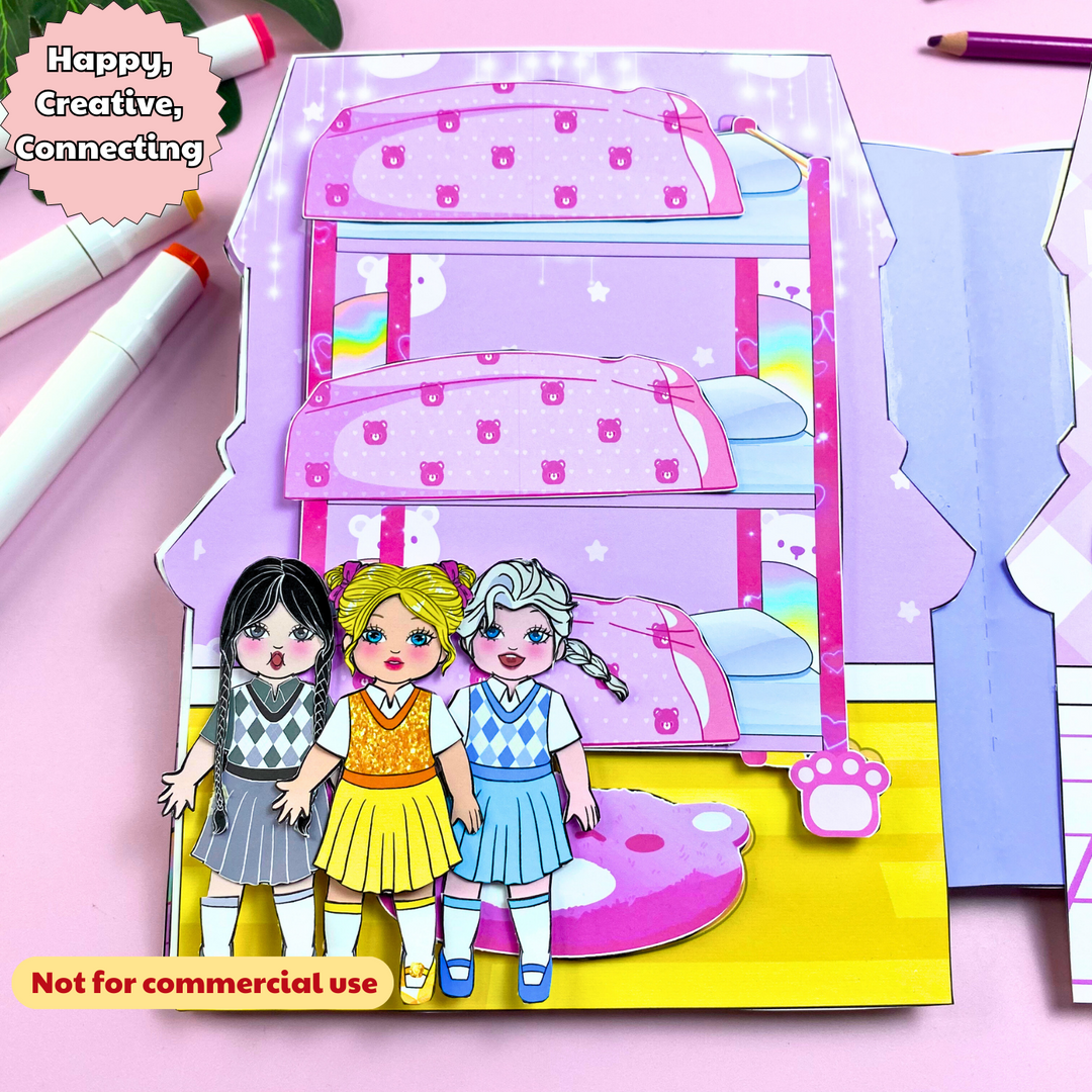 Education Activity Book | Pink Bear House Paper Dolls Activities & Busy Book for Kids | Paper Doll House | Montessori Toys, Gifts for Girls, DIY crafts