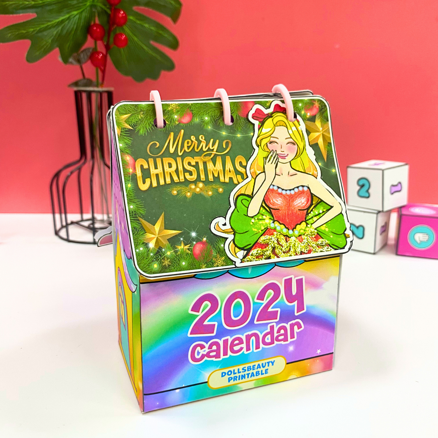 USA, Free Shipping 2024 Princess Desk Calendar, Funny 5" x 7" Princess Monthly Desktop Calendar with Paper Doll House, Kid Christmas Gifts