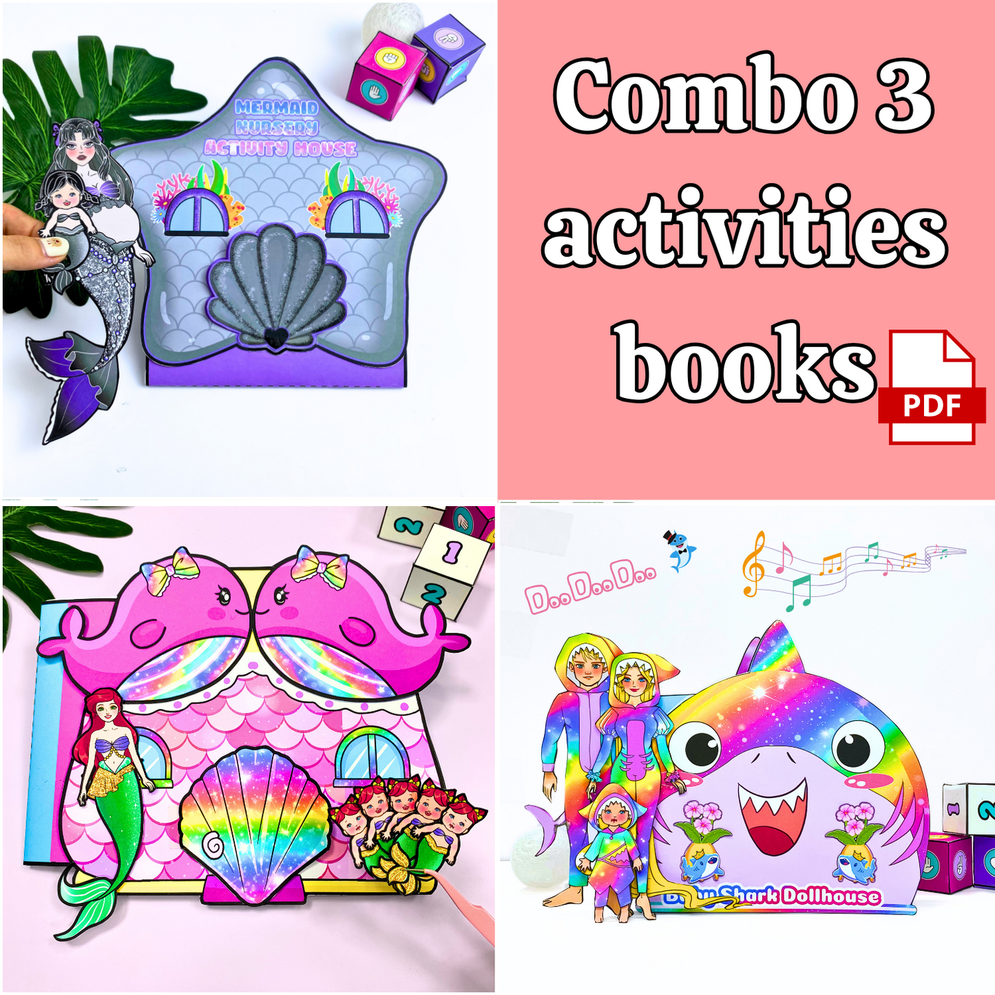 Education Activity Book | Barbie Shark Dollhouse, Paper Kid Song Book and Activity Book, DIY Busy Book for toddler